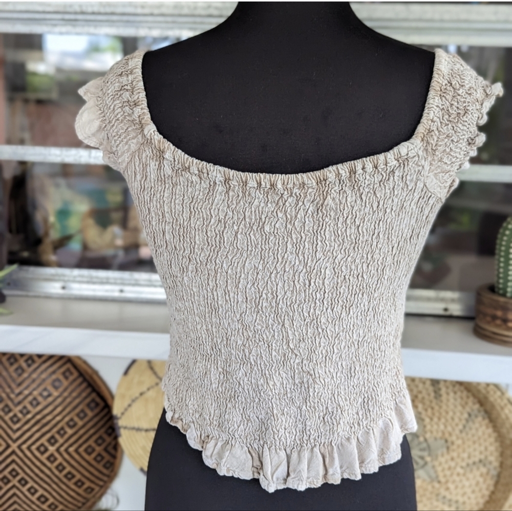 Vintage Hippie Crop Top Smocked Neutral Free Size Tee Beach Coastal Cowgirl - Picture 4 of 14